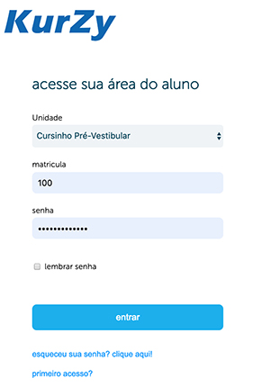 Tela de login no smatphone área do aluno - KurZy