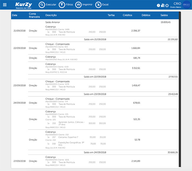 Tela controle financeiro extrato banco - KurZy