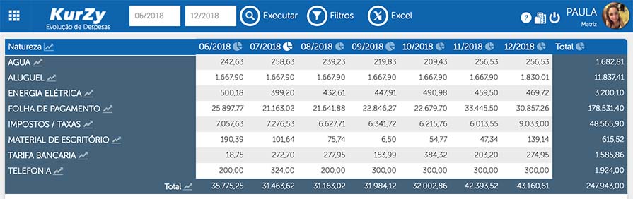 Tela evolução de despesas - KurZy