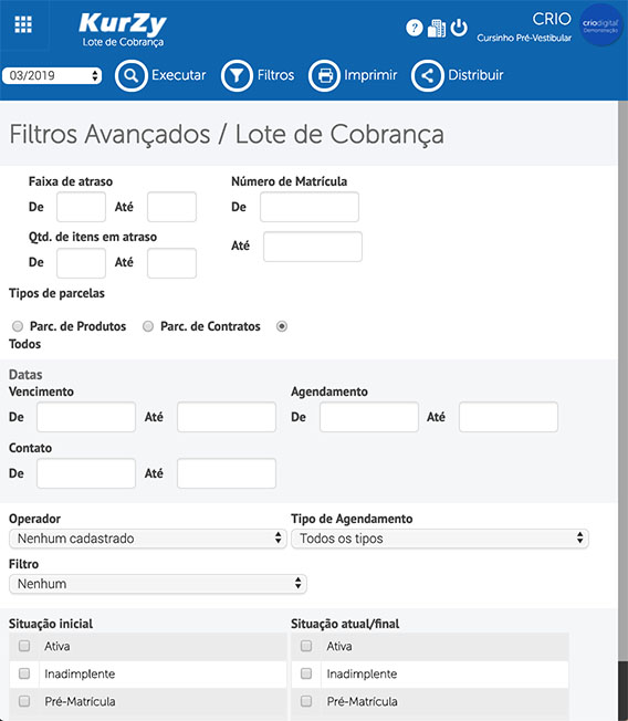 Tela lote de cobrança filtros - KurZy